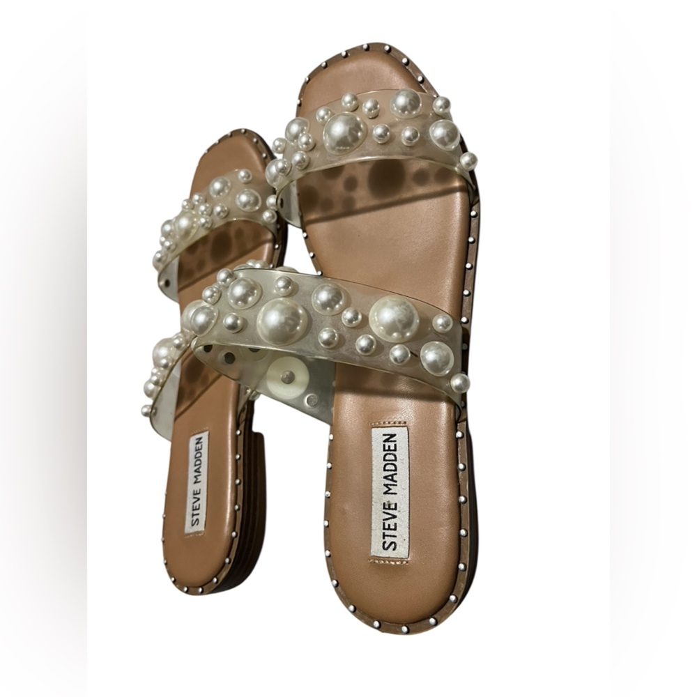 Size 9 Steve Madden Pearl-Embellished Clear Strap Slide Sandals - Nude/Tan - Picture 3 of 8